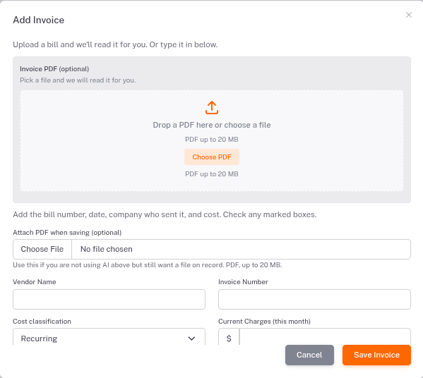 The Add Invoice window. Drop in a PDF, or type the bill in by hand.