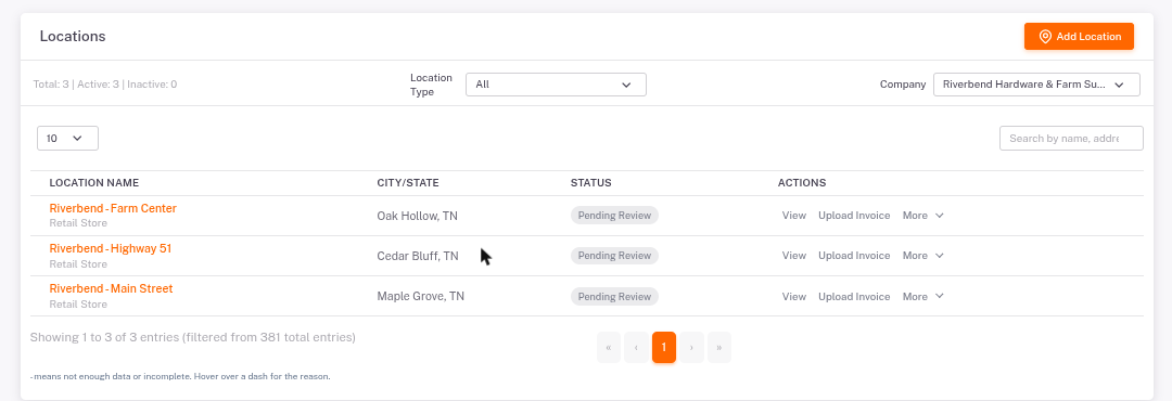 The Locations list. Click a store name to open it.